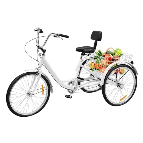 24 Zoll Dreirad für Erwachsene 6-Gang-Dreirad faltbar 3 Räder mit Rückenlehne und Korb Tragkraft 20 kg für Erwachsene Sitz verstellbar 100–110 cm Cruiser-Fahrrad zum Einkaufen (Weiß) von Biknltio