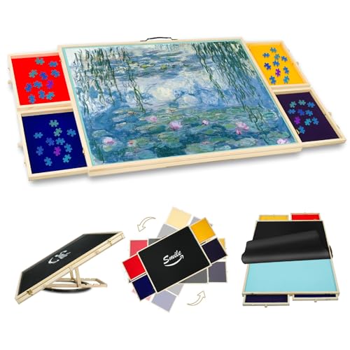 Puzzle Board Tilting & Rotating with Storage Drawers, Rotating Lazy Susan, Rubber Cover Mat, Wooden Portable Storage Jigsaw Puzzle Table with Handle (Multi Colour, 1500pcs) von Bilaien