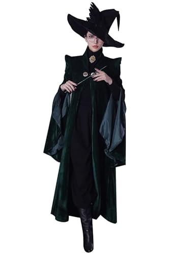 Bilicos McGonagall Robe Mantel Cape Halloween Karneval Anzug Cosplay Kostüm Anime Magie Deluxe Kostüm Schuluniform Anzug Set Kleid Zauberstab Hut Damen XXL von Bilicos
