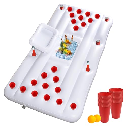 28 Tassenlöchern Aufblasbarer Pong Tisch Luftmatratze Pool Pong Game mit 28 Kunststoffbechern und 2 Ping Pong Bällen für Sommer Schwimmbad Party Pool Wasser-Spaß Strand Mottoparty von Bilisder