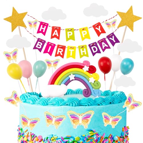 Tortendeko Geburtstag, Macaron Kuchen Deko, Happy Birthday Tortendeko, Cake Topper Tortendekoration kuchendeko, Happy Birthday, Wolke, Stern, Schmetterling, Ballon für Kinder Mädchen Junge von BillyBath