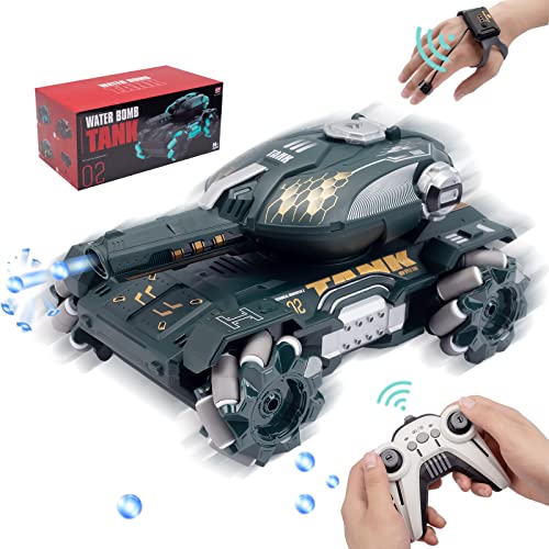 Bindove RC Stunt-Tank mit Licht, Uhren-Gesten-Sensor, ferngesteuertes Panzer-Spielzeug, 360 Grad drehbar, Fernbedienung, Stunt-Auto, Schießen, Wasserkugeln (dunkelgrün und weiß), Halloween-Spielzeug, von Bindove