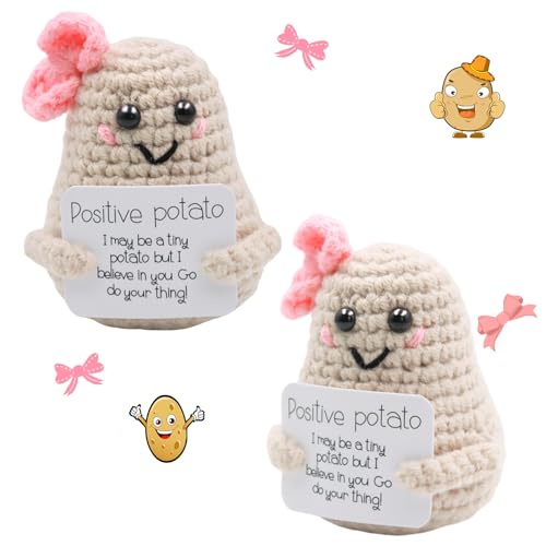 Binggunyo 2 Stück Pocket Hug Positive Potato Trägt Schleifen, Kreative Strickwolle Positive Kartoffel Puppe, Lustige Geschenke, Glücksbringer Mutmacher Geschenk für Frauen Männer Familie und Freunde von Binggunyo