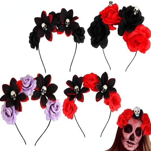 Binggunyo 4Stück Dia De Muertos Haarreif, Haarreif Rosen Und Totenkopf, Halloween Haarreif, Day of The Dead Haarreif, Kopfbedeckung Halloween Kopfbedeckung Kostüm Für Mädchen Frauen Damen von Binggunyo