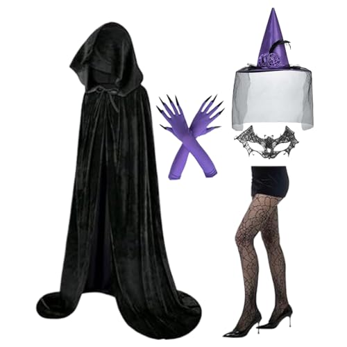 Biniveil Hexenkostüm Damen - Erwachsene Hexe Halloween Kostüm Set - Halloween Spitzenmaske Socken Umhang Hut Für Bühne Veranstaltungen Hochzeit von Biniveil