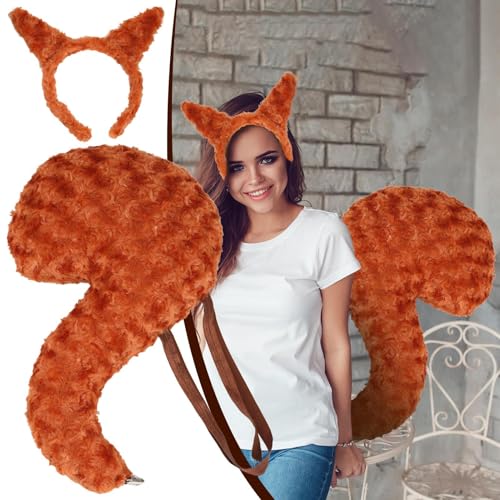 Biniveil Tierkostüme Für Kinder | Eichhörnchen Stirnband Mit Schwanz Set | Realistisches Kostüm Plüsch Zubehör für Kinder Erwachsene Kindergarten Schule von Biniveil
