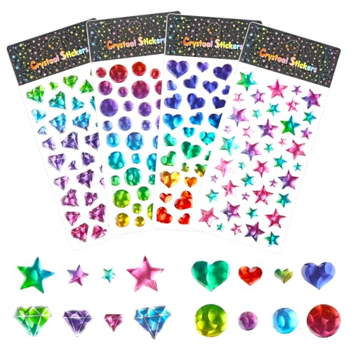 4 Blätter Glitzersteine Selbstklebend Sticker, Bunte Kristall Glitzer Stickers, Aufkleber Kinder, Fünfzackiger Stern Runden Diamant Herz Glitzersticker, 3D Sticker für Mädchen Handwerke, Fotorahmen von Binlava