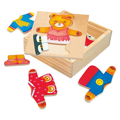 Bino Ankleidepuzzle Berta, Spielzeug für Kinder ab 3 Jahre (buntes Kleiderwechseln der Teddymama, fantasievolles spielen, hochwertiges Holzspiel, inkl. Holzbox, 18-teiliges Kinderspiel), Mehrfarbig von Bino world of toys