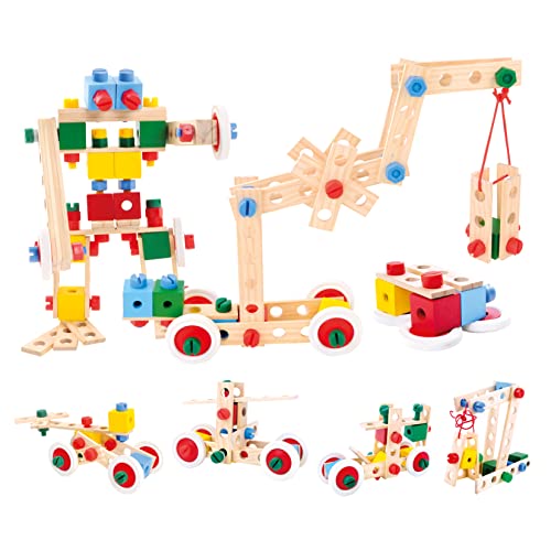 Bino Baukasten im Eimer, Spielzeug für Kinder ab 3 Jahre, Kinderspielzeug (Konstruktionsspielzeug, 120 teilig, zum Bauen von allerlei Konstruktionen, Motorikspielzeug aus Holz), Mehrfarbig von Bino world of toys