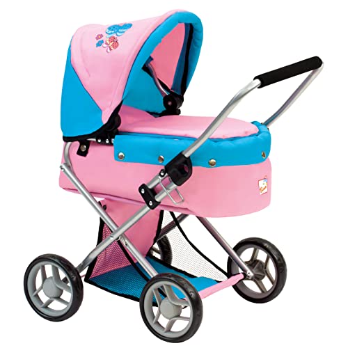 Bino Puppen-Buggy Schmetterlingen, Spielzeug für Kinder ab 3 Jahre (Puppenwagen inkl. Hängetasche & Einkaufsnetz, Verstellmöglichkeit von Kopf- & Fußteil, Zusammenklappfunktion) Rosa / Blau von Bino world of toys