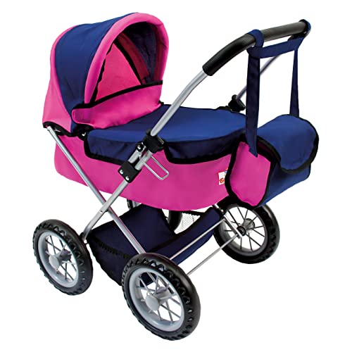 Bino Puppen-Buggy mit Tasche, Spielzeug für Kinder ab 3 Jahre (Puppenwagen inkl. Hängetasche & Einkaufsnetz, Verstellmöglichkeit von Kopf- & Fußteil, Zusammenklappfunktion) Rosa / Blau von Bino world of toys