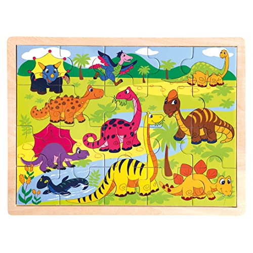 Bino Puzzle Dinosaurier, Holzpuzzle, Kinderspielzeug (Puzzle ab 3 Jahre, 20-teilig, 10 verschiede Dinosaurier Motive, fördert die Hand-Auge-Koordination, Größe ca. 30x0,9x22,5 cm), Mehrfarbig von Bino world of toys
