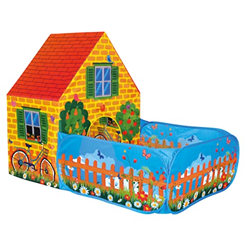 Bino Spielzelt Haus mit Vorgarten für Drinnen und Draußen Spielzeug für Kinder ab 3 Jahre (leichte Reinigung, robust, wasserabweisend, Maße: 150 x 110 x 90 cm, Material: Polyester), Bunt von Bino world of toys