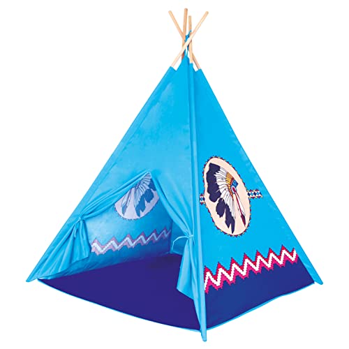 Bino Spielzelt TeePee, Zelt Kinderzimmer Zubehör, Kinderspielzeug (Kinder Tipi Zelt, Spielhaus für Kinder ab 3 Jahre, drinnen & draußen geeignet, mit Indianer Motiven, Größe 120x120x150 cm), Blau von Bino world of toys