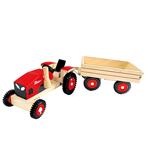 Bino World of Toys Holztraktor Zetor, Holzpielzeug mit traditionellem Design für Kinder ab 3 Jahren, mit Holzanhänger und großen Gummireifen, zur Förderung kindlicher Fähigkeiten, 2 Teile, Mehrfarbig von Bino world of toys