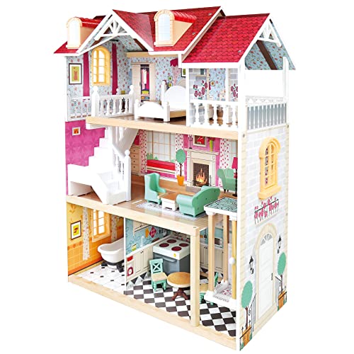 Bino großes Puppenhaus aus Holz für Kinder ab 3 Jahre (Kinderzimmer Zubehör, Spielzeug Haus inklusive Puppenhaus Zubehör, 5 Zimmer, 3 Spielebenen, 111 Teile), Mehrfarbig von Bino world of toys