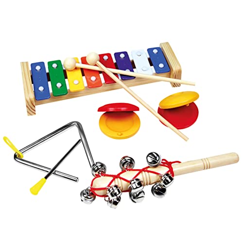Bino world of toys Musikset Kinder Musik Instrumenten-Set aus Holz und Metall Spielzeug für Kinder ab 3 Jahre (4-Teilig, inkl.: Xylophon, Schlägel, Schellenstab, Triangel und Kastagnette), Bunt von Bino world of toys