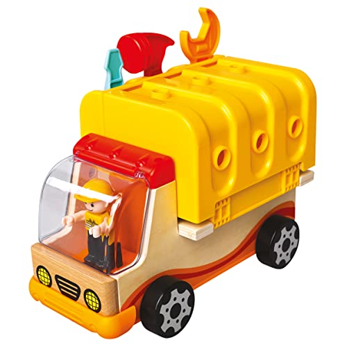 Mertens Holz-Multiauto, Holzspielzeug, (Kinderspielzeug ab 3 Jahre, 30-teilig, mit Auflieger aus Kunststoff - ausklappbar zur Werkbank, Größe ca. 31,5x21,5x15,5 cm), Mehrfarbig von Bino world of toys