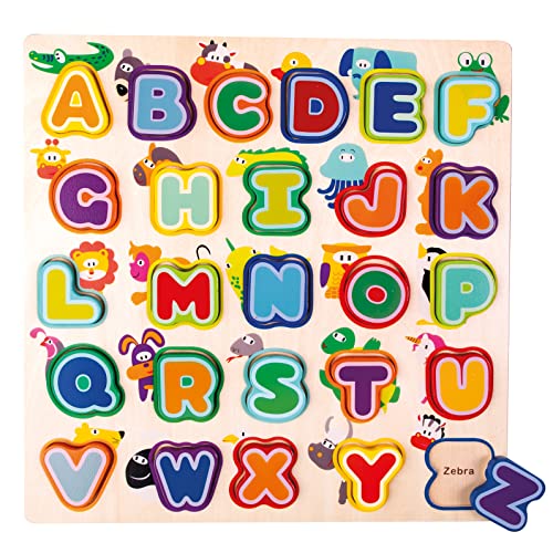 Mertens englisches Alphabet mit Tieren, Spielzeug für Kinder ab 18 Monate, Kinderspielzeug (Holzspielzeug mit Tierabbildungen, Steckspielzeug für Kleinkinder, Fördert Geduld & Motorik), Mehrfarbig von Bino world of toys