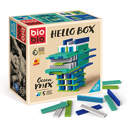 bioblo Hello Box Ocean Mix mit 100 Stück | Nachhaltige Bunte Bauklötze für Kinder ab 3 Jahren | Holzbauklötze Kinderspielzeug | STEM Montessori Spielzeug für Stapel- & Balancierspiele von bioblo