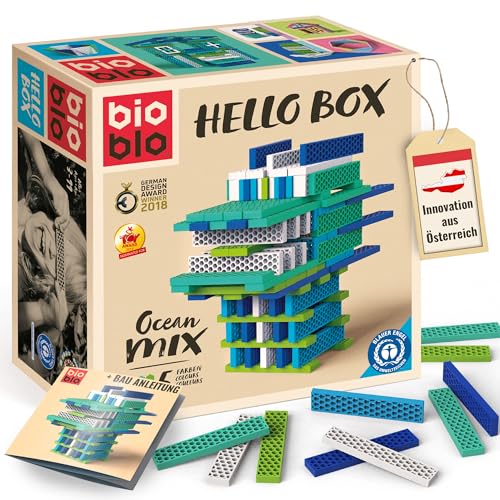 bioblo Hello Box Ocean Mix mit 100 Stück | Nachhaltige Bunte Bauklötze für Kinder ab 3 Jahren | Holzbauklötze Kinderspielzeug | STEM Montessori Spielzeug für Stapel- & Balancierspiele von bioblo