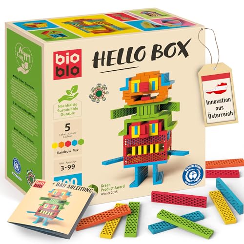 bioblo Nachhaltige Holzklötze Hello Box Rainbow 100 Stück | Steinbaukasten, Klötzchen, Geschenk für Familie, Kinder Geschenk Weihnachten, Weihnachten, Bastelklötzchen, Spiele ab 3 von bioblo
