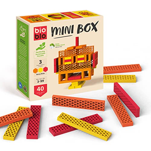 bioblo Mini Box Rusty Robo 40 Stück | Nachhaltige Bunte Bauklötze für Kinder ab 3 Jahren | Holzbausteine Kinderspielzeug | STEM Montessori Spielzeug für Stapel- & Balancierspiele von bioblo