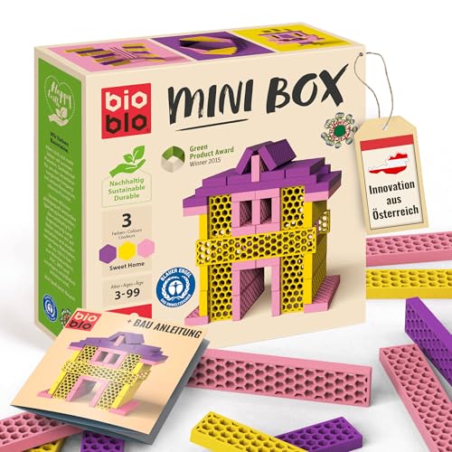 bioblo Mini Box Sweet Home Mix 40 Stück, Nachhaltige Bauklötze für Kinder ab 3 Jahren, Bunte Holzbausteine Kinderspielzeug, STEM Montessori Spielzeug für Stapel- & Balancierspiele von bioblo