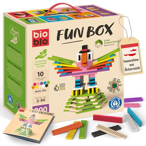 bioblo Fun Box Multi Mix 200 Stück | Nachhaltige Bunte Bauklötze für Kinder ab 3 Jahren | Holzbausteine Kinderspielzeug | STEM Montessori Spielzeug für Stapel- & Balancierspiele von bioblo