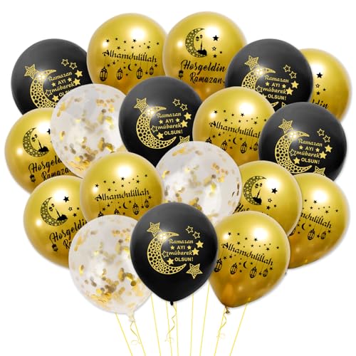 18 Stück Hosgeldin Ramazan Luftballons, Ramadan Deko Schwarz Gold Ballons, Hosgeldin Ramazan Islam Latexballons, Ramadan Feier Dekoration, mit Bänder für zu Hause Drinnen Draußen von Bipl
