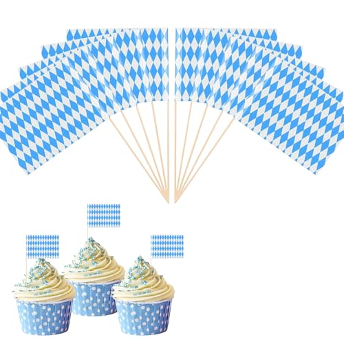 Bayern Oktoberfest Zahnstocher Flaggen, Blau/Weiß Zahnstocher Flaggen Cake Deko, Oktoberfest Deko Sandwich Cupcake, Bayrische Toppers Deko Cocktail Obst Geschirr, für Party Pub Decor (100 Stück) von Bipl