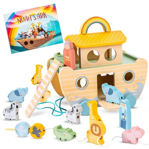 Arche Noah Holz Spielzeug - Taufgeschenke Jungen & Taufgeschenke Mädchen | Süße Taufen Geschenke für Patenkind mit Bilderbuch, Rädern und Seil | Taufgeschenk Junge Kinder | Geschenk zur Taufe Junge von BirdWing