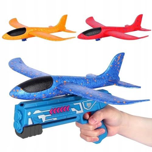 BirnePower Styroporflugzeug Flugzeug Spielzeug Segelflugzeug Styroporflieger 34cm Schaum Styropor Flieger Wurfgleiter mit Katapult Pistole für Kinder zufällige Farben (1 Stück) von BirnePower