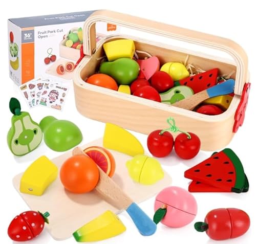 Birshe Holzspielzeug Essen für Kinder Küche, Küchenspielzeug, Schneiden von Obst Set für Rollenspiele, Zerlegbar, Spielzeug-Lebensmittel Lernspielzeug Geschenk für Kinder Kleinkinder ab 3 Jahren von Birshe