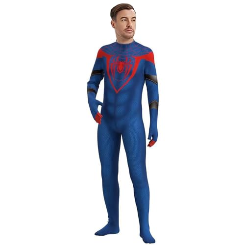 Halloween Herren Superhelden Cosplay Kostüm - Blauer Stretch Full Jumpsuit Bodysuit mit 3D Maske - Up für Erwachsene, Blau, Adult-XL(Height:71-75in) von Bisexa