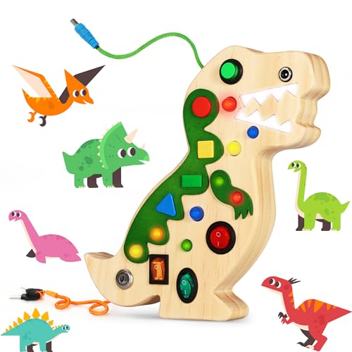 Montessori Dinosaurier Busy Board for hölzerne sensorische Spielwaren Toddlers LED-Lichtschalterbrett frühe Entwicklung und erlernendes pädagogisches Spielzeug für 1 2 3 4 Jahr alte von Biticolor
