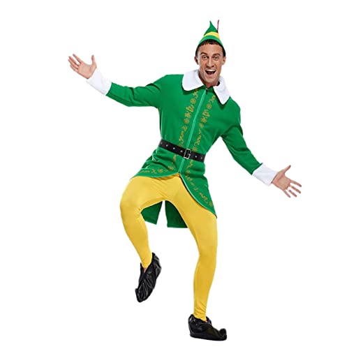 Buddy Der Elf Kostüm Für Herren, Süßes Weihnachtliches Grünes Und Gelbes Elfenkostüm, Buddy Elf Kostüm Zum Verkleiden, Weihnachts Elf Kostüm, Cosplay Komplettset Mit Hose, Jacke, Schuhen, Hut, Gürtel von Bitong