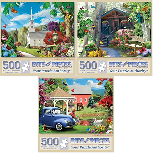 Bits and Pieces,Set mit 3 (3) 500 Puzzle-Puzzles für Erwachsene – Puzzles messen 45.7x61 cm – Jahreszeiten, Frühling, Herbst, Natur, Kirche, Hütte, Scheune, Vögel, 500 Puzzleteile von Alan Giana von Bits and Pieces