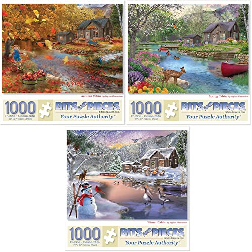 Bits and Pieces,Vorteilsset mit drei (3) 1000 Teilen Puzzles für Erwachsene – jedes Puzzle misst 50.8x68.6 cm – 1000 Stück Herbst-, Frühlings-, Winterkabinen-Puzzles von Künstler Bigelow Illustrations von Bits and Pieces
