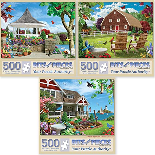 Bits and Pieces - 3x 500-teilige Puzzles 'Vibrant Veranda', 'Countryside Comfort', 'Blooming Beach House' von Alan Giana (45,7 x 61 cm, Karton, Klassisch, Unisex, Mittelstufe, 18+) von Bits and Pieces