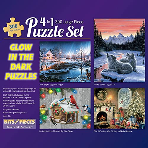 Bits and Pieces - Multipack 4-in-1 Glow Puzzle Set 300 Teile Puzzle für Erwachsene – jedes Puzzle misst 46 cm x 61 cm – Winter Nature Holiday Glow Puzzles vom Künstler Alan Giana von Bits and Pieces