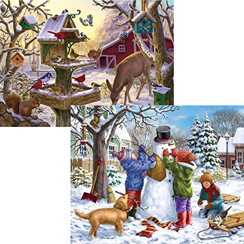 Bits and Pieces Vorteilsset mit zwei 300-teiligen Puzzles für Erwachsene – Bauen eines Schneemanns an einem Schneetag, Sonnenaufgang – Winterschnee-Puzzles von Künstlerin Liz Goodrick – Dillon von Bits and Pieces