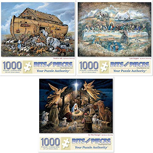 Bits and Pieces Vorteilsset mit drei 1000 Teilen Puzzles für Erwachsene – Letztes Abendmahl, Arche Noah, in der Krippe von Künstlerin Ruane Manning, fertige Puzzlegröße 50,8 x 68,6 cm von Bits and Pieces