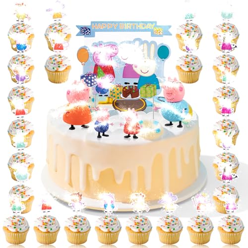 Biuebinc 29 Stück Rosa Ferkel Tortendeko für Kinder, 25 Stück Cake Topper, 4 Stück Figuren, Happy Birthday Tortenaufleger Muffin Kuchen Deko für Kinder Geburtstag Party von Biuebinc
