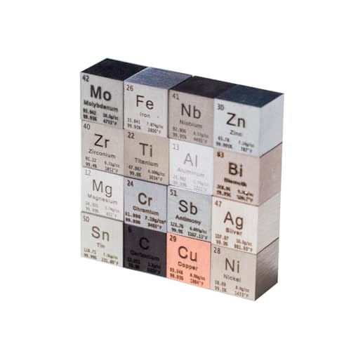 Biwwubik Elementwürfel Set: 10 mm Würfel aus Wolfram, Kupfer, Titan und Aluminium für Sammlungen von Perioden von Elementen von Biwwubik