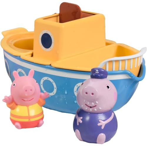 TOMY E73414 Toomies Grandpa Pig's Splash & Pour Boat - 4-teiliges Peppa Pig Badespielzeug mit Wasserspritzern & Paddelradhaus - geeignet für Jungen und Mädchen ab 18 Monaten von Toomies