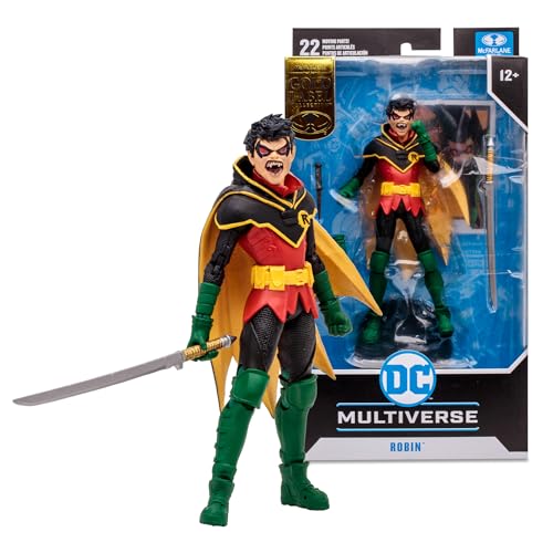 Bizak Mcfarlane DC Multiverse Skulptur Robin Damian Wayne Klassisch, goldenes Etikett, bewegliche Figur 18 cm mit Originaldesign, Flugbasis, Sammelkarte und Zubehör, 12 Jahre (64387111) von Bizak