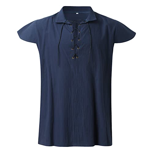 Bkazwe Herren Tunika kurzarm Lace Up Wikinger Sommerhemd Mittelalter Verkleidung Baumwolle Leinen Wikinger Steampunk Halloween Vampir Tshirt für Karneval, Halloween & LARP von Bkazwe