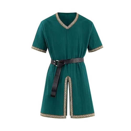 Bkazwe Praktische Sommer Wikinger Hemd Herren Ärmellos Tunika mit Mittelaltergürtel Baumwolle Leinen LARP Kostüm, Mittelaltermarkt Outfit | Bordüren-Akzent von Bkazwe