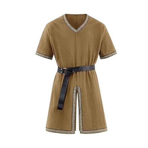 Bkazwe Praktische Sommer Wikinger Hemd Herren Ärmellos Tunika mit Mittelaltergürtel Baumwolle Leinen LARP Kostüm, Mittelaltermarkt Outfit | Bordüren-Akzent von Bkazwe